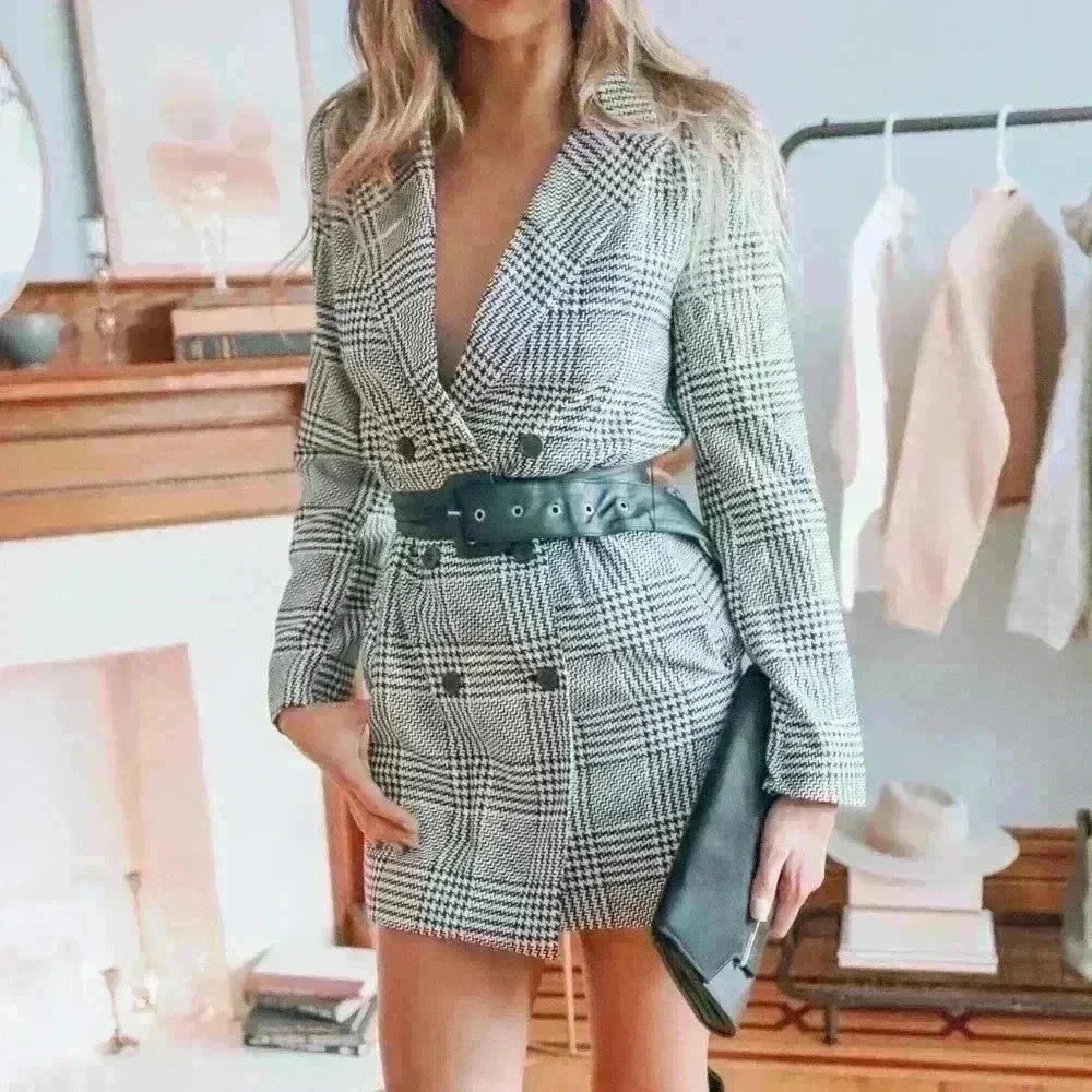 Houndstooth Long Sleeve Belted Blazer Dress